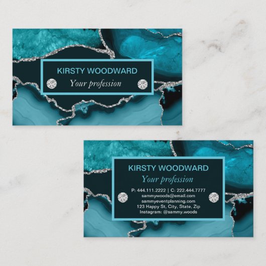 ティール（緑がかった色）ブルーアンドシルバーグリッターアゲート 名刺 (正面/裏面)