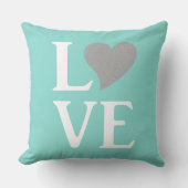 ティール（緑がかった色）ブルーアンドシルバーラブパーティーお祝いデコール クッション (正面)