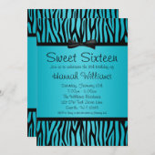 ティール(緑がかった色)ブルーアンドブラックゼブラボウスイート16誕生日 招待状 (正面/裏面)