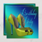 ティール(緑がかった色)ブルーアンドライムグリーンバースデーパーティー 招待状 (正面/裏面)