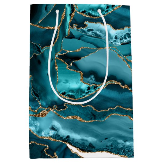 ティール（緑がかった色）ブルーアンド金ゴールドグリッターエーゲート ミディアムペーパーバッグ (正面)