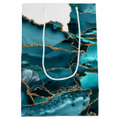 ティール（緑がかった色）ブルーアンド金ゴールドグリッターエーゲート ミディアムペーパーバッグ (裏面)