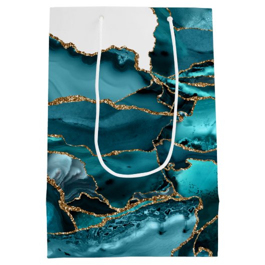 ティール（緑がかった色）ブルーアンド金ゴールドグリッターエーゲート ミディアムペーパーバッグ (裏面)