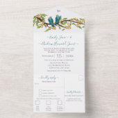 ティール（緑がかった色）ブルーイエローロバードシークレットフォレストガーデン オールインワン招待状 (内側)