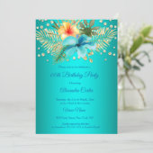 ティール（緑がかった色）ブルーイエロー金ゴールドパームフローラ誕生日 招待状 (スタンド正面)
