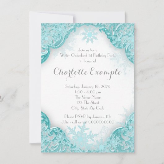 ティール（緑がかった色）ブルーウィンターオネダーランド1st誕生日パーティー 招待状 (裏面)