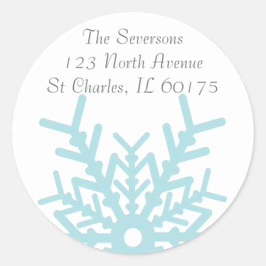 ティール（緑がかった色）ブルーウィンタースノーフレークオンホワイト差出人住所 ラウンドシール (正面)