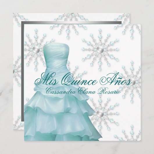 ティール（緑がかった色）ブルーウィンターワンダーランドキンセアニェラ 招待状 (正面/裏面)