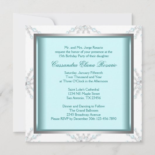 ティール（緑がかった色）ブルーウィンターワンダーランドキンセアニェラ 招待状 (裏面)