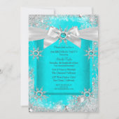 ティール（緑がかった色）ブルーウィンターワンダーランドスノーフレークシルバーボウ2 招待状 (正面)