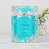 ティール（緑がかった色）ブルーウィンターワンダーランドスノーフレークシルバーボウ2 招待状 (スタンド正面)