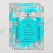 ティール(緑がかった色)ブルーウィンターワンダーランドスノーフレークシルバーボウ2 招待状 (正面/裏面)