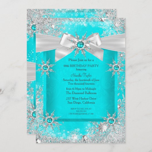 ティール（緑がかった色）ブルーウィンターワンダーランドスノーフレークシルバーボウ2 招待状 (正面/裏面)