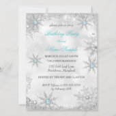 ティール（緑がかった色）ブルーウィンターワンダーランドバースデーパーティー 招待状 (正面)