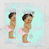 ティール（緑がかった色）ブルーウィンターワンダーランドベビーシャワー 招待状 (正面/裏面)