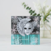 ティール（緑がかった色）ブルーウィンターワンダーランドマスカレードパーティー 招待状 (スタンド正面)