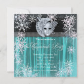 ティール（緑がかった色）ブルーウィンターワンダーランドマスカレードパーティー 招待状 (裏面)