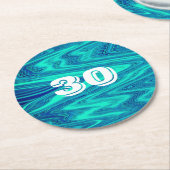 ティール(緑がかった色)ブルーウェーブ抽象芸術30歳カスタム誕生日 ラウンドペーパーコースター (アングル)