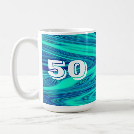 ティール(緑がかった色)ブルーウェーブ抽象芸術50誕生日カスタムギフト コーヒーマグカップ (左)