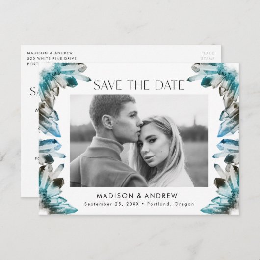ティール（緑がかった色）&ブルーウォーターカラークリスタルフォトデートを保存 案内ポストカード (正面/裏面)