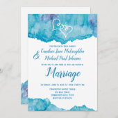 ティール(緑がかった色)ブルーウォーターカラーダブルハート結婚ズ 招待状 (正面/裏面)