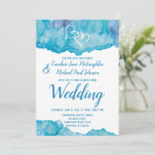 ティール(緑がかった色)ブルーウォーターカラーダブルハート結婚ズ 招待状 (スタンド正面)