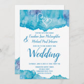 ティール(緑がかった色)ブルーウォーターカラーダブルハート結婚ズ 招待状 (正面/裏面)