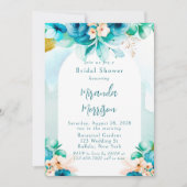 ティール(緑がかった色)ブルーウォーターカラーフローラアーチブライダルシャワー 招待状 (正面)