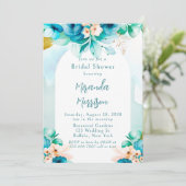 ティール（緑がかった色）ブルーウォーターカラーフローラアーチブライダルシャワー 招待状 (スタンド正面)