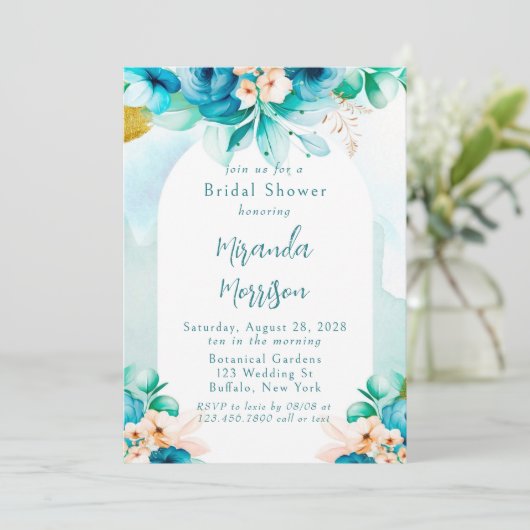 ティール（緑がかった色）ブルーウォーターカラーフローラアーチブライダルシャワー 招待状 (スタンド正面)