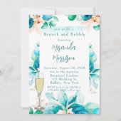ティール(緑がかった色)ブルーウォーターカラーフローラブランチ&バブリーインビ 招待状 (正面)