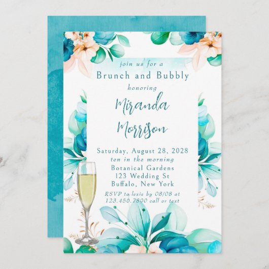 ティール(緑がかった色)ブルーウォーターカラーフローラブランチ&バブリーインビ 招待状 (正面/裏面)