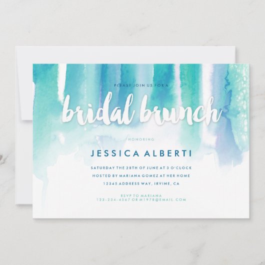 ティール（緑がかった色）ブルーウォーターカラー洗浄ブライダルブランチ招待状 招待状 (正面)