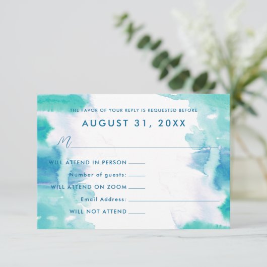 ティール（緑がかった色）ブルーウォーターカラー絞り染めバルミツワーRsvp 招待状 (スタンド正面)
