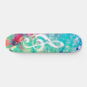 ティール（緑がかった色）ブルーウォーターカ絵を描ラーミュージックノートツリーブルクレフ、 音符記号 スケートボード (横)