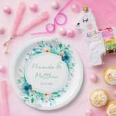 ティール（緑がかった色）ブルーウォーターフローラジオメトリック結婚ス ペーパープレート (パーティー)