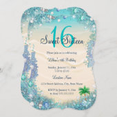 ティール（緑がかった色）ブルーウォーター海サンドパールスウィート16パーティー 招待状 (正面/裏面)