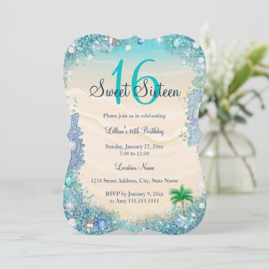 ティール（緑がかった色）ブルーウォーター海サンドパールスウィート16パーティー 招待状 (スタンド正面)