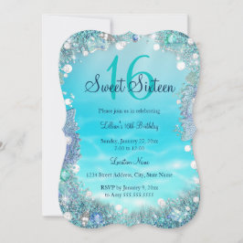 ティール（緑がかった色）ブルーウォーター海パールズスウィート16パーティー 招待状