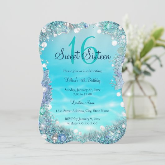 ティール(緑がかった色)ブルーウォーター海パールズスウィート16パーティー 招待状 (スタンド正面)