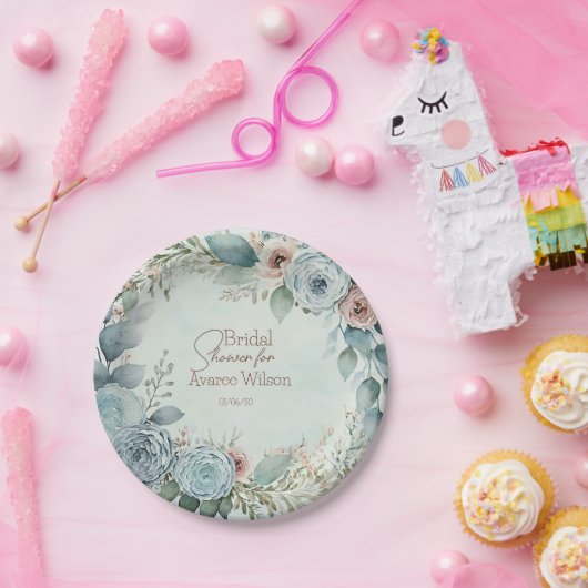 ティール（緑がかった色）ブルーウォーター色フラワーシャワー ペーパープレート (パーティー)