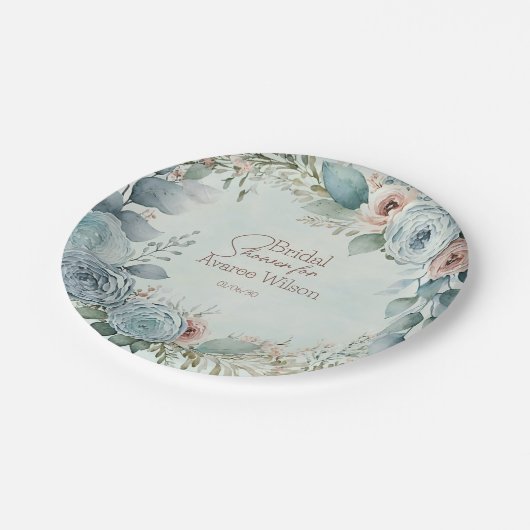 ティール（緑がかった色）ブルーウォーター色フラワーシャワー ペーパープレート (アングル)