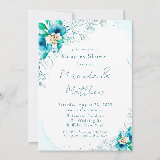 ティール(緑がかった色)ブルーウォーター色フローラカップルのシャワー 招待状 (正面)