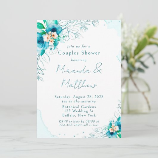 ティール（緑がかった色）ブルーウォーター色フローラカップルのシャワー 招待状 (スタンド正面)