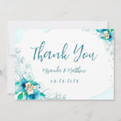 ティール（緑がかった色）ブルーウォーター色フローラサンキューカード 招待状 (正面)