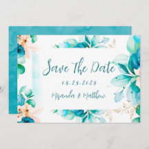 ティール（緑がかった色）ブルーウォーター色フローラ日付カードを保存