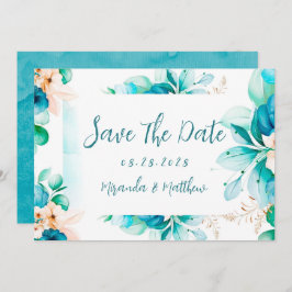 ティール（緑がかった色）ブルーウォーター色フローラ日付カードを保存 招待状