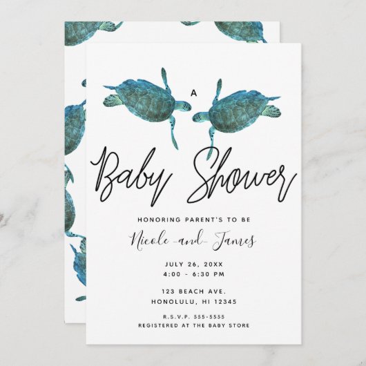 ティール（緑がかった色）ブルーウミガメ海ビーチベビーシャワー 招待状 (正面/裏面)