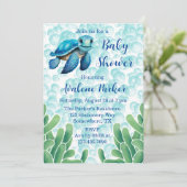 ティール（緑がかった色）ブルーウミガメ海苔ボーイベビーシャワー 招待状 (スタンド正面)