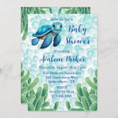 ティール（緑がかった色）ブルーウミガメ海苔ボーイベビーシャワー 招待状 (正面/裏面)